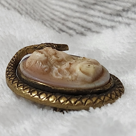 Vintage Shell Cameo Serpent Brooch Red Rhinestone Eye 1940s - Picture 13 of 14